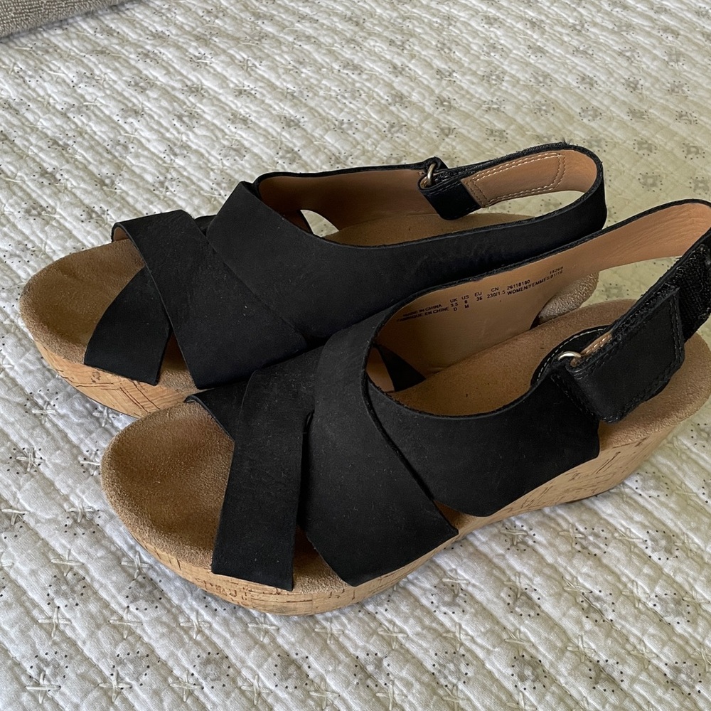Clarks Artisan Black Suede Women's 6 Slingback Cork Wedge Sandals Shoes